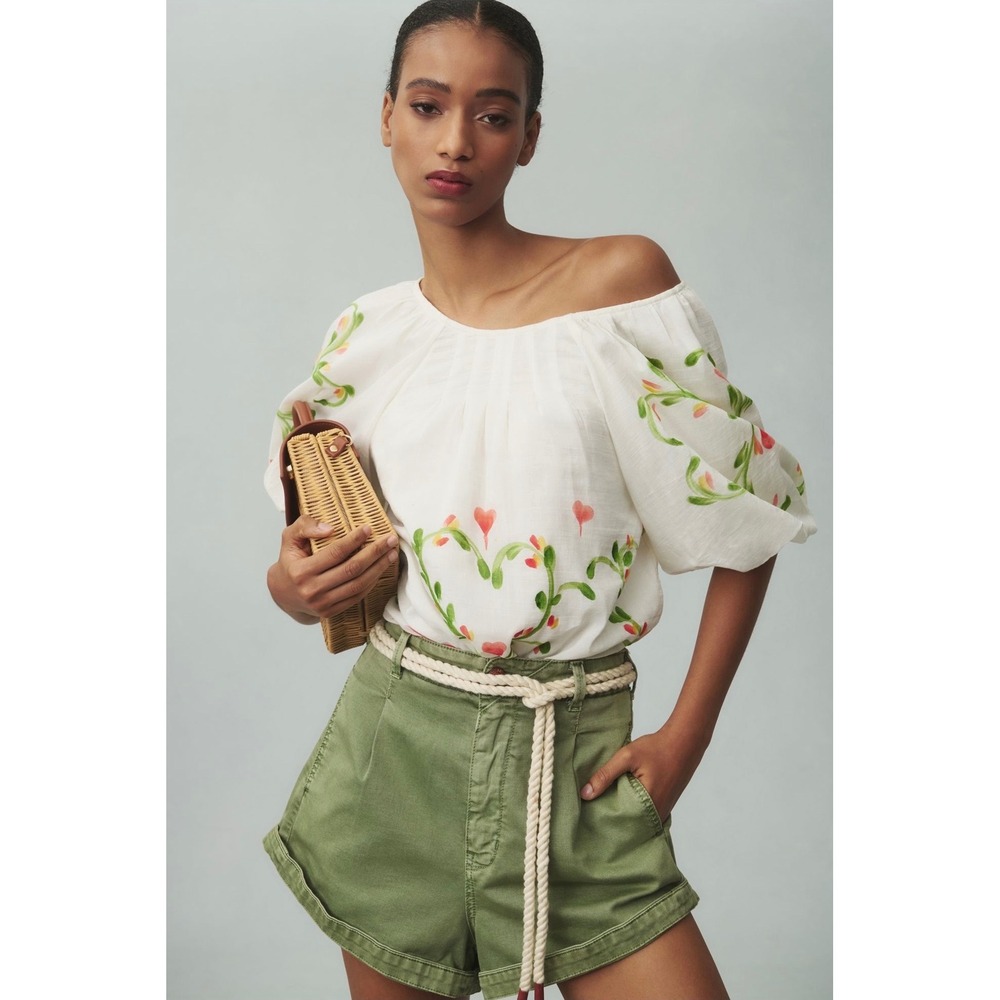 NWT Banjanan Oana Puff Sleeve Top XS Watermelon Wat Artsy Silk Blend Cottage
